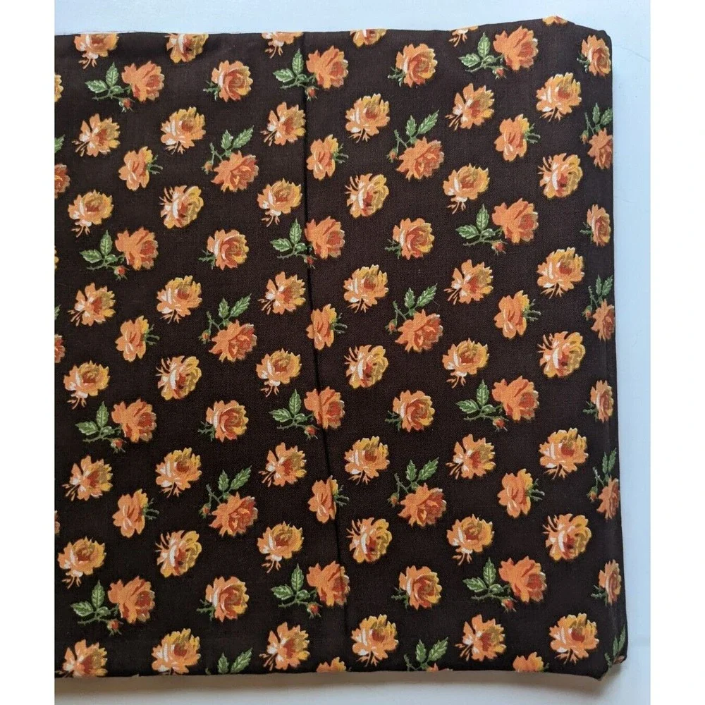 Vintage Mid-Century Floral Fabric Orange Rose Print Brown Background 44
